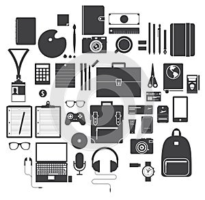 Icon Set of Office Equipment, Travel Gadget and Hobby in Flat Design, Vector