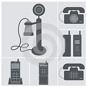 Icon set of old phones, wired and cell phones photo