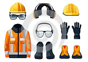 Icon set of personal protective equipment for safety at work isolated over white background