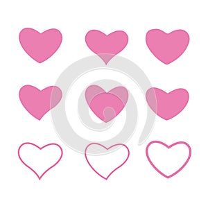 Icon set of pink hearts. Painted hearts from grunge brush strokes. Collection of love symbols for valentine card, banner