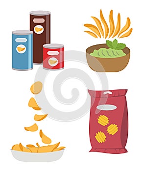 Icon set of potato chips on white background.