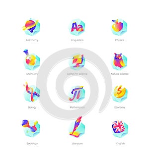 Icon set School lessons, subjects. Vector illustration. Gradient flat icons. Physics, mathematics, computer science, linguistics,