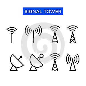 Icon set of signal tower. Suitable for design elements of telecom companies, telephony transmitting equipment, Radio antenna