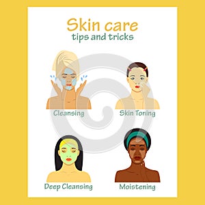 Icon set for skincare infographic. Young women showing four steps face care. Beautiful girls of different races.