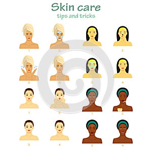 Icon set for skincare infographic. Young women showing four steps face care. Different skin tones.
