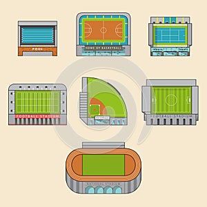 Icon set of sport stadiums building.