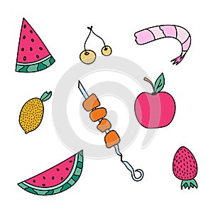 Icon set of summer fruits, berries and other food