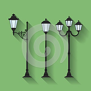 Icon set of three streetlights or lanterns. Flat