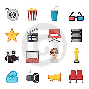 Icon set of tv show and cinema symbols. Vector pictures of tickets, popcorn, camera and others illustrations