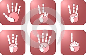 Icon set of white hands poses silhouette on the red background