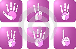 Icon set of white hands poses silhouette on the violet background