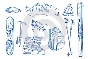 Icon set of winter objects: ski, crampons, snowboard.