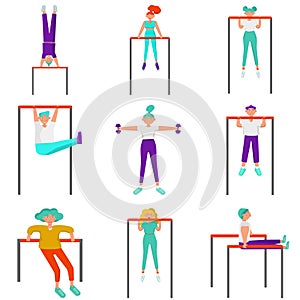 Icon set of young people do sports outdoors