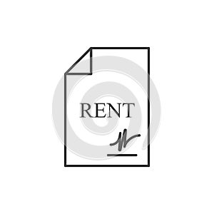 The icon of a signed lease document. A simple line drawing of a piece of paper, text and a signature. Isolated vector on