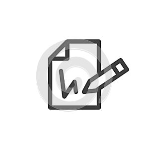 The icon for signing the document. A simple image of a piece of paper and a pen that puts a signature. Linear vector on