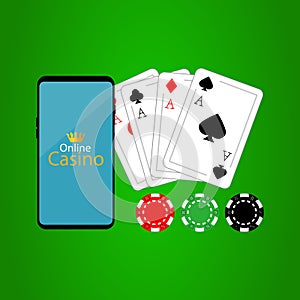 Icon of smartphone, cards, poker chips. Vector illustration eps 10