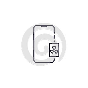 Icon of smartphone with nuclear atomic battery. Outline concept illustration of future technology with radioactive symbol