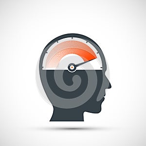 Icon speedometer with arrow and scale in human head. Logo of nervous stress and fatigue.