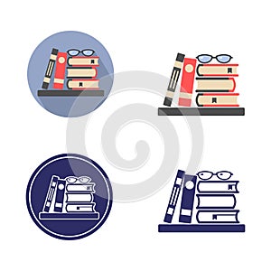 icon with a stack of books and textbooks and glasses