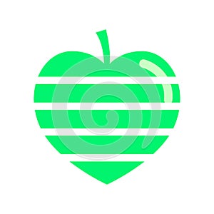 Icon striped green apple in the shape of a heart with a flare. Vector emblem in flat style