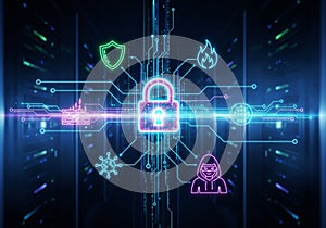 Icon, symbolizing cybersecurity, surrounded by various security-r