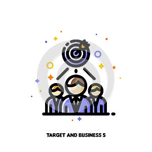 Icon of target and three businessmen for successful partnership or team support concepts. Flat filled outline style. Pixel perfect