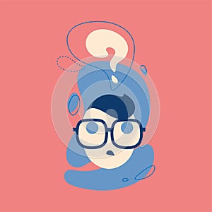 Icon of thinking man with question mark in think bubble. Think, ask, emoji, stiker illustration concept