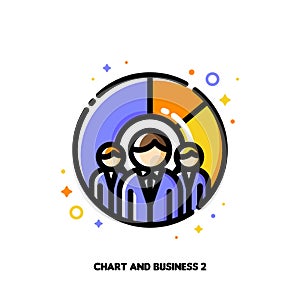 Icon of three business persons on a background of chart for make more money with budget planning concept. Flat filled outline