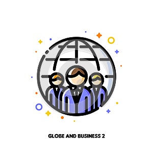 Icon of three business persons on a background of globe for international team or global business concept. Flat filled outline