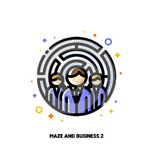 Icon of three business persons and maze for problem solving team or crisis management concepts. Flat filled outline style