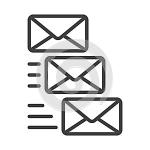 Icon of three flying mail envelopes. A simple image of fast mail delivery. Isolated vector on pure white background.