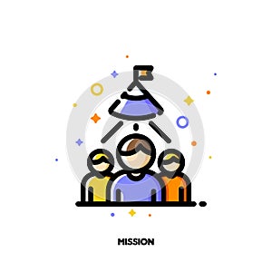 Icon of three persons and flag on mountain peak for business mission or achievement concepts. Flat filled outline style