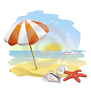 Icon to the beach, sun umbrella and shells photo