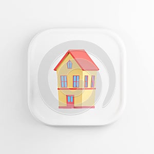 Icon of a two-story yellow house with a red roof. 3D rendering white square key button, interface ui ux element