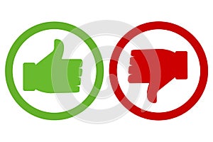Icon up, icon of hostility. Green and red icons. Yes and no. Buttons are good and bad. Vector illustration