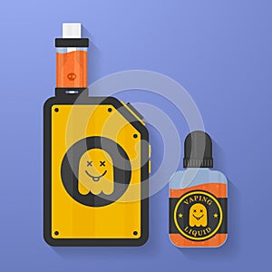 Icon of Vape device with ghost silhouette. Electronic cigarette with e-liquid bottle. Vector Vaping symbol. Box mod