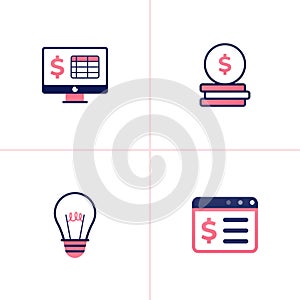 Icon vector of banking and financial computer software, stacks of dollar bills, lights and ideas, finance and tax apps. can be