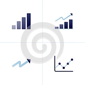 Icon vector of bar chart variations to depict growth and progress metaphors, up arrows and line charts. Can be used for company