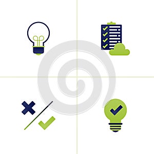 Icon vector of business and education ideas, checklist and document storage cloud server, tick and cross for voting and quizzes,