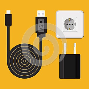 Charger, cable, wire for phone with micro USB connector. Icon.