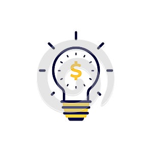 icon vector concept of basic and regular light bulb shining and glowing with dollar symbol in simple linear style. Can used for