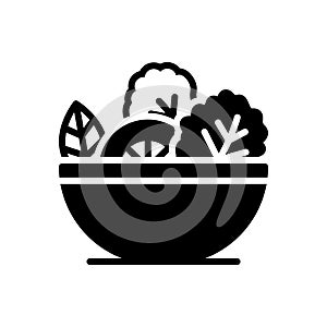 Black solid icon for Vegetable, bowl and leaf