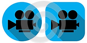 The icon is a video camera. Video shooting. Badge in a flat design.