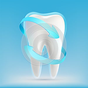 Icon white human tooth with blue arrows. Care and whitening.