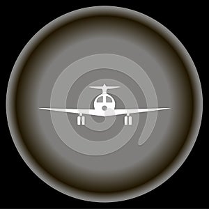 Icon white plane on gray plate black background.