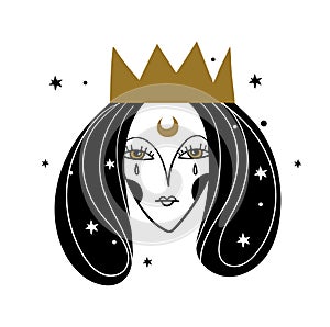 Icon with a woman in a crown, a dark queen with tears, a boho tattoo for a witch, a mystical logo for a profile. Vector