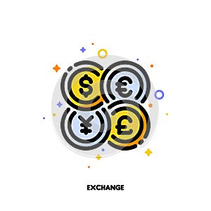 Icon of world coins for currency exchange concept. Flat filled outline style. Pixel perfect 64x64. Editable stroke