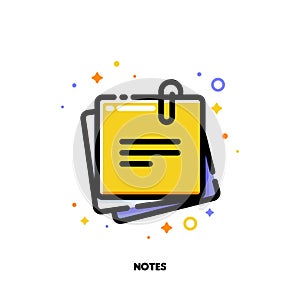 Icon of yellow sticky note with text for office work concept