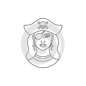 Icon of young woman pirate in a simple line art style