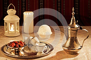 Iconic Abrian fabric tea and dates symbolise Arabian hospitality